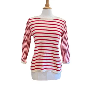 J. Crew Factory Cotton Red, White Stripe 3/4 Sleeve Sweater, Preppy M - Picture 1 of 11