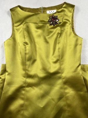 Silk Chartreuse Cocktail Dress Size 4 With Broach - Image 1 of 4