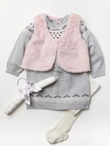 Baby Knitted Dress 100% Cotton Tights Faux Fur Gillet Set Fairisle Knit 1-3 Year - Picture 1 of 5
