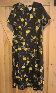 Vintage Size 1X Midi Dress Maggie Sweet Short sleeve Black Yellow Flowers Office - Picture 1 of 14
