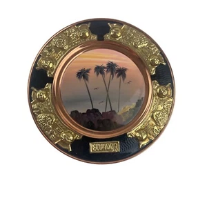 Handcrafted Ecuador Decorative Wall Plate With Scenic Palm Tree Design & Gold Ac - Picture 1 of 4