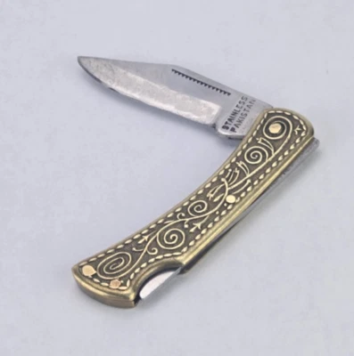 Navaja de Bolsillo Vintage Grabada Mango Latón 4" Bloqueo Trasero Hoja Inoxidable Pakistán Foto 1 de 4