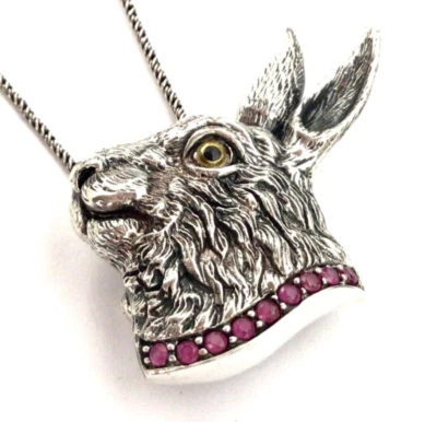 Antique Victorian style Sterling Silver Ruby Hare animal Brooch Pin Necklace  - Image 1 of 4