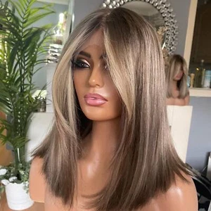 20 inch Dark Brown Ash Blonde Highlight Human Hair Lace Front Wigs 150% - Picture 1 of 7