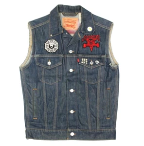 Vtg Levi’s Denim Vest Thrasher Patches Heavy Metal Studded Silver Button XS /562 - Picture 1 of 8