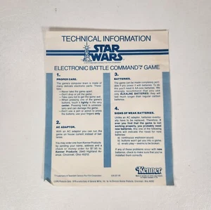 Technical Information Sheet For Star Wars Electronic Battle Command Game - Picture 1 of 2