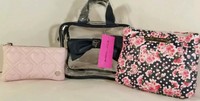  BETSEY JOHNSON WEEKENDER-MAKE-UP pink/BLACK Quilted heart- BAG Trave  3 piece  