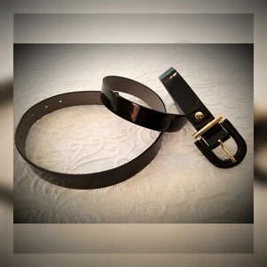 Kenneth Cole Black Belt sz XL Gold hardware D buckle patent non leather stunning - Picture 1 of 10