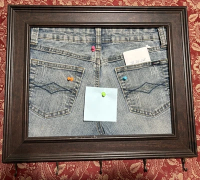 Unique Hand Crafted  Bulletin Board/To-Do List/Cup Holder-Jeans in Frame 16"x14" - Image 1 of 4