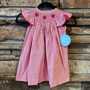 Classic Whimsy Strawberry Smocked Red Check Gingham Kids Dress 100% Cotton - Picture 1 of 9