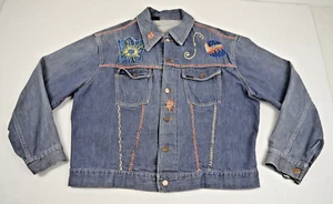 Vintage Jean Jacket Sears Roebucks Size S/M 60s Hand Embroidery FrontBack Grunge - Picture 1 of 11