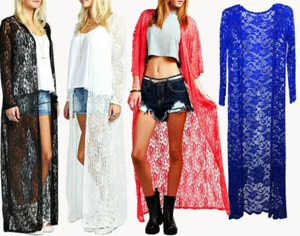 Ladies Long Floral Lace Mesh Crochet Kimono Long Sleeve Maxi Boyfriend Cardigan - Picture 1 of 1