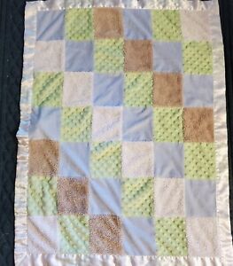 Just One Year Blue Green White Tan Brown Minky Patchwork Satin Blanket Baby Boy