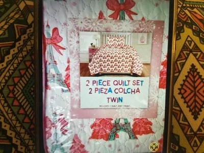 Christmas Paris Eiffel Tower Pink Aqua Bows 2 Piece Quilt Twin and Sham in Bag - Image 1 of 4