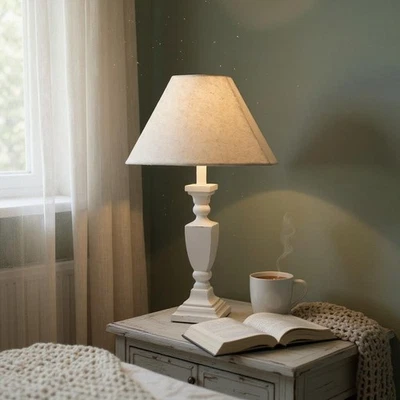 Tall Wooden Cream Washed Table Lamp - Shabby Chic Design with Taupe Linen Shade - Image 1 of 4