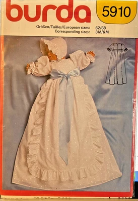 Christening Gown Bonnet Pattern Baptismal Dress  Burda 5910 UNCUT Factory Folded - Image 1 of 2