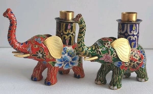 Vintage 2 Chinese Cloisonné Enamel Elephants Candle Holders Pair Brass Floral - Picture 1 of 23