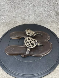 Tory Burch Sandals Womens Size 10 M Miller Flip Flop Brown Leather Slip On Thong - Picture 1 of 12