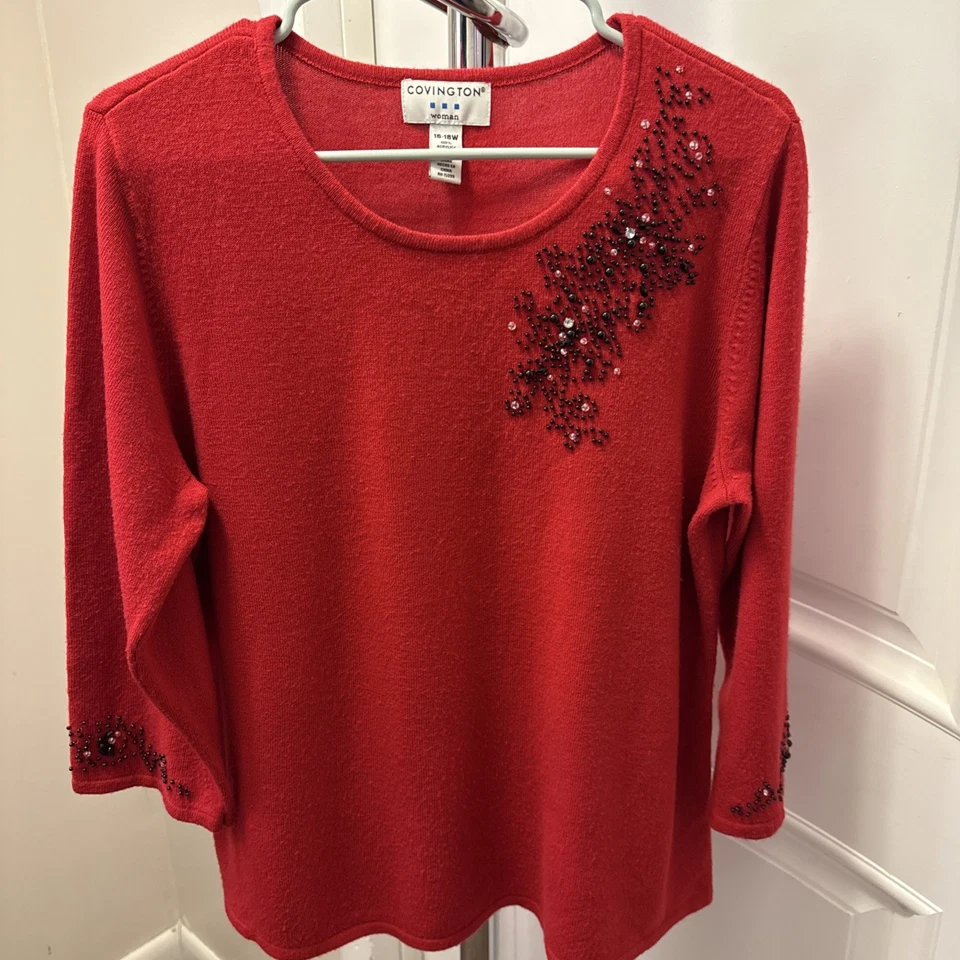Suéter para mujer Covington rojo con cuentas talla 16-18 mangas 3/4 cuello redondo acrílico Foto 1 de 4