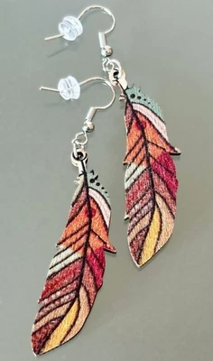 2 3/4" L Unique Bohemian Boho Multicolored Wood Wooden Feather Earrings New - Image 1 of 3