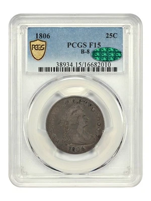 1806 25C PCGS/CAC fino 15 (marrón-8) - busto drapeado cuarto Foto 1 de 4