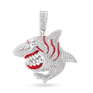 Rhodium Plated 925 Sterling Silver Angry Shark Red Enamel Clear CZ Pendant - Picture 1 of 3