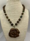 Wooden Carved Rose And Wooden Bead Necklace 16 Inch, Toggle Clasp-unique!!!!