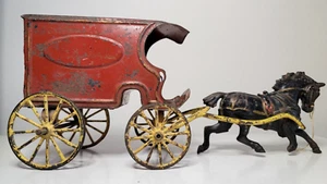 Antique PRATT & LETCHWORTH Pull Toy ☆ Pressed Tin Wagon and Cast Iron Horse RARE - Picture 1 of 14