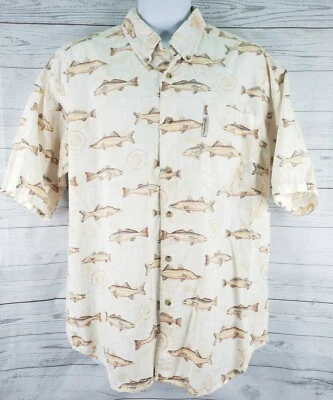 Camisa de pesca Columbia con botones talla grande para hombre patrón de pescado crema manga corta  Foto 1 de 4