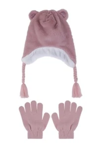 Elli By Capelli Bear Faux Fur Hat & Gloves Set - Size M/L Pink & White - Picture 1 of 5