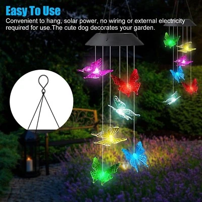 Solar LED Wind Chimes Hanging Lamp Colorful Butterfly Bird Sun Outdoor Garden - Image 1 of 4