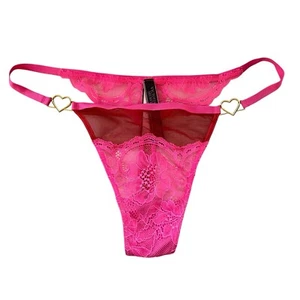 Victoria's Secret Thong Panties L Pink Heartware Lace-Mesh V-String Gold Hearts - Picture 1 of 10