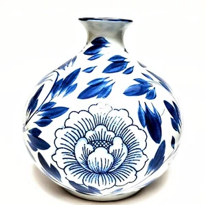 Vaso vintage Gumps Chinoiserie blu bianco foglie floreali 5,5" - Foto 1 di 6