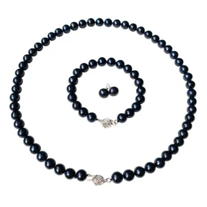 18 Inch Set ROUND 9-10mm Black Pearl Necklace Bracelet Earrings Freshwater - Picture 1 of 7