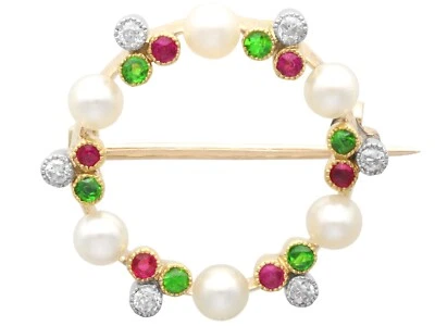 Antique, Diamond, Pearl, Peridot and Ruby 9k Yellow Gold Brooch - Circa 1910 - Image 1 of 4