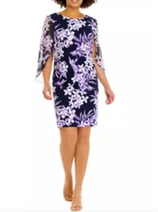 NEW Sheath Dress Connected Apparel Purple Floral Sz 14 Chiffon 3/4 Sleeves Sz L - Picture 1 of 7