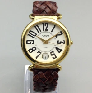 Vtg Futura Watch Women 35mm Gold Tone Date Braided Leather Band New Battery - Picture 1 of 16