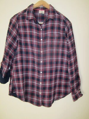 Camisa con botones St Johns Bay para mujer L azul rojo blanco lino manga larga lengüeta enrollable Foto 1 de 4