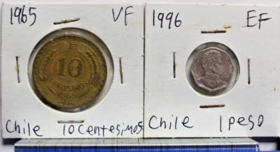 Chile 1965 - 10 Centesimos - KM191 aluminum-Bronze, 1996 1 peso, KM#231 aluminum - Image 1 of 4