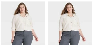 2 NWT Ava & Viv Women's Collared Long Sleeve Pockets Dress Shirt, Cream, 1X - Picture 1 of 9