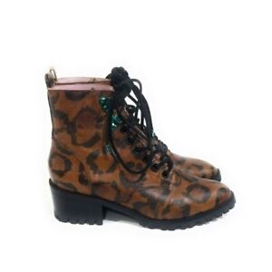 Sophia Webster Roxy Leopard Print Lace Up Ankle Boots Chunky Lug Sole Size 6.5