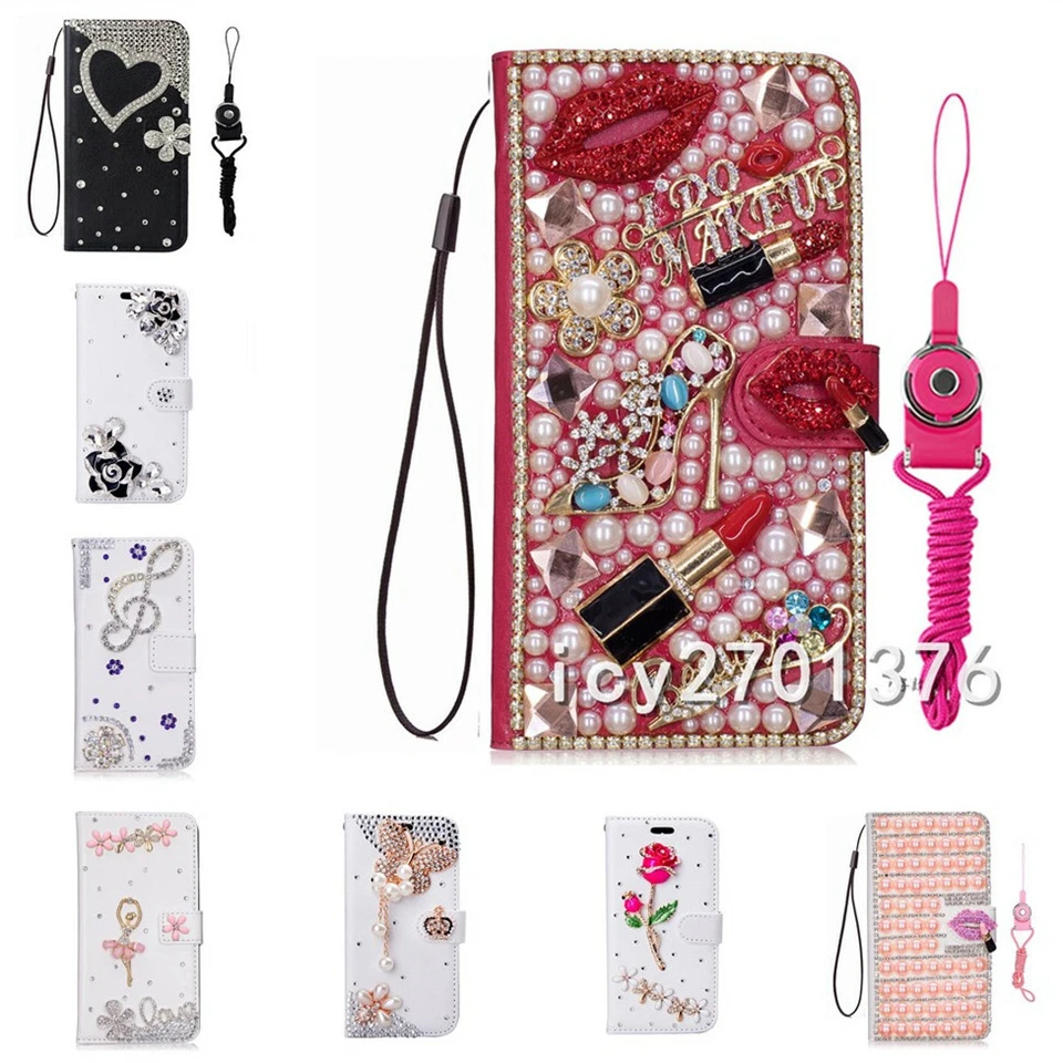 Luxury Bling Diamonds Crystals Leather Flip Wallet Phone Case Cover with straps - Image 1 of 4