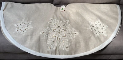 NICOLE MILLER Christmas Tree Skirt Snowflakes 54” Holiday Sequin Linen Embroider - Image 1 of 4