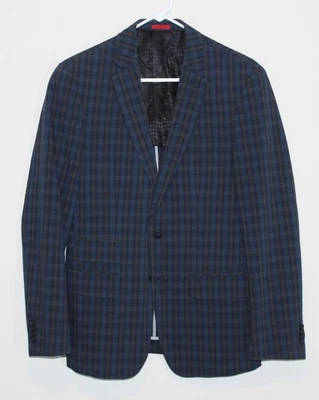 John Varvatos Seersucker Blazer Sport Coat Blue Brown 1/4 Lined Plaid Men 36 R - Image 1 of 4