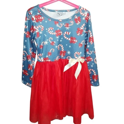 Light Blue And Red Tulle Candy Cane Christmas Girls Size 6 (2xl) Dress - Image 1 of 4