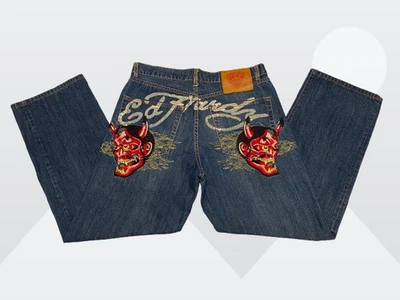 Vintage Ed Hardy Men's Medium Wash Embroidered Devil Head Button Fly Jeans 36x34 - Image 1 of 4