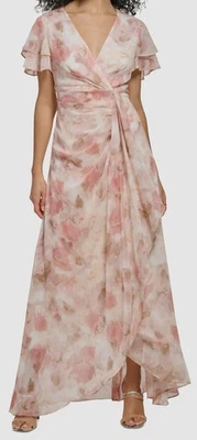 DKNY Women's Pink Double-Ruffle-Sleeve Floral-Print Chiffon Ball Gown Size 12 - Image 1 of 2