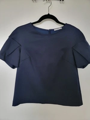 ZAC Zac Posen Navy Structured Top – Elegant Pleated Sleeve Blouse, Size 2 - Image 1 of 4