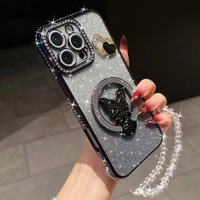 Girls Magnetic Diamond Butterfly Holder Case Flash Cover Chain For Various Phone - Image 1 of 4