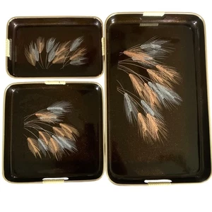 Vintage Japan Nesting Tray Set Wheat Design – 3 Serving Trays w/ Handles Brown - Picture 1 of 22